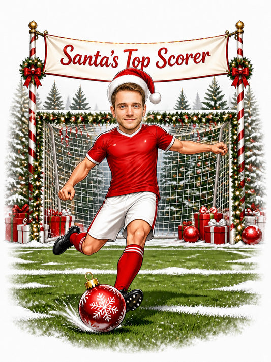 Soccer player in Santa hat kicking ornament ball under Santa’s Top Scorer banner.