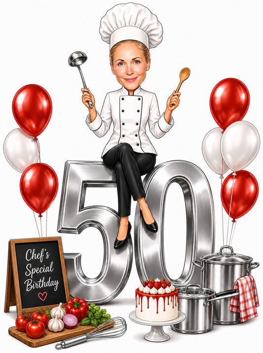 Female chef caricature sitting on giant age number with balloons and cookware.