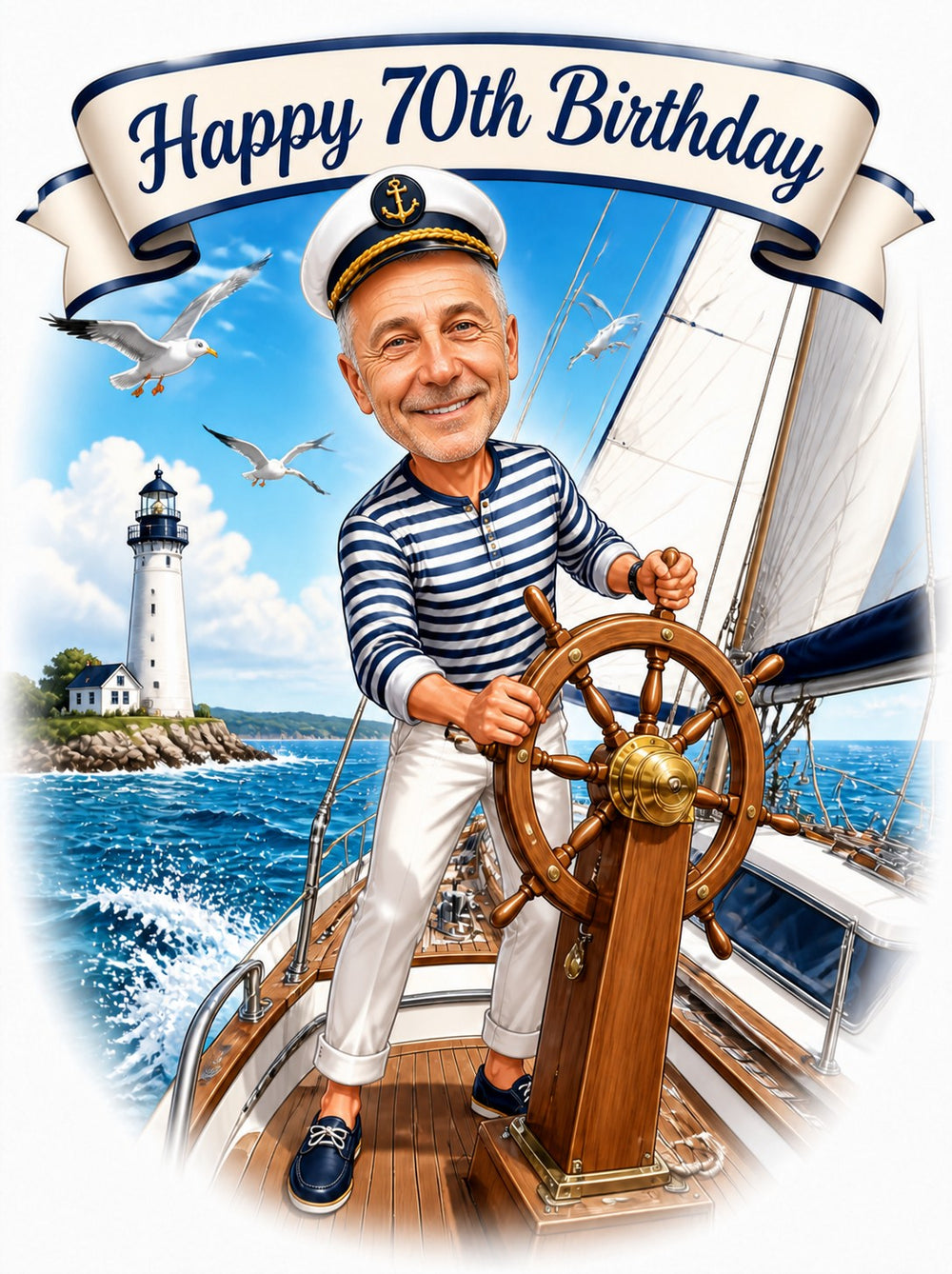 Smiling sailor steering wooden helm, striped shirt, captain hat, lighthouse and seagulls.