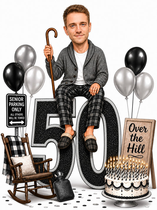 Man sitting on giant 50, holding a cane beside an Over the Hill sign.