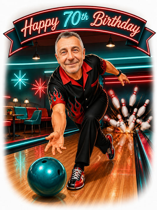 Older man bowling strikes under Happy 70th Birthday banner, flame shirt, teal ball.