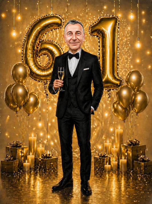 Man in tuxedo holds champagne before giant gold 61 balloons, lights, candles, and gifts.