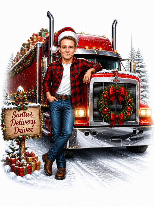 Man in Santa hat leaning on red Christmas semi-truck with wreath and sign.
