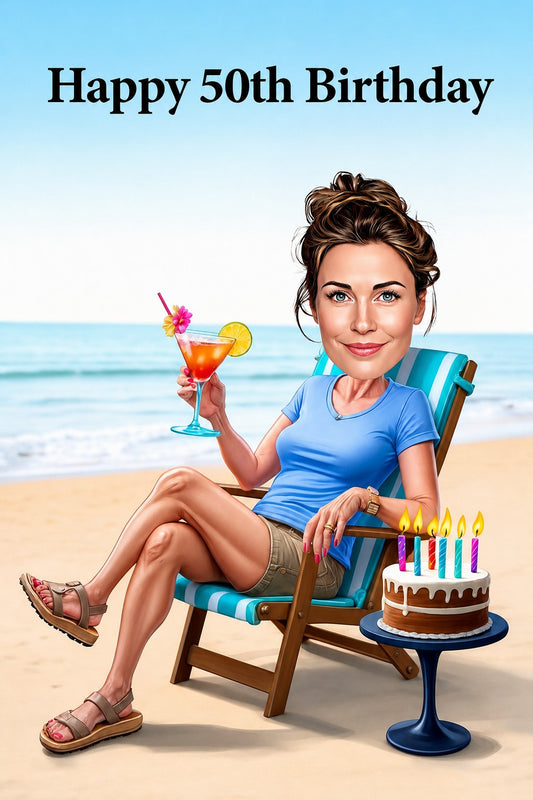 Woman relaxing in striped beach chair with cocktail, cake, Happy 50th Birthday banner.