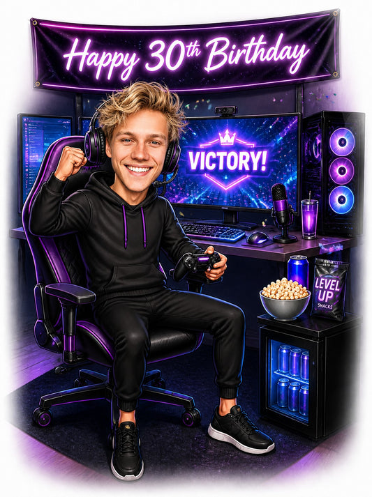 Male gamer birthday caricature with headset, controller, Victory screen and purple banner