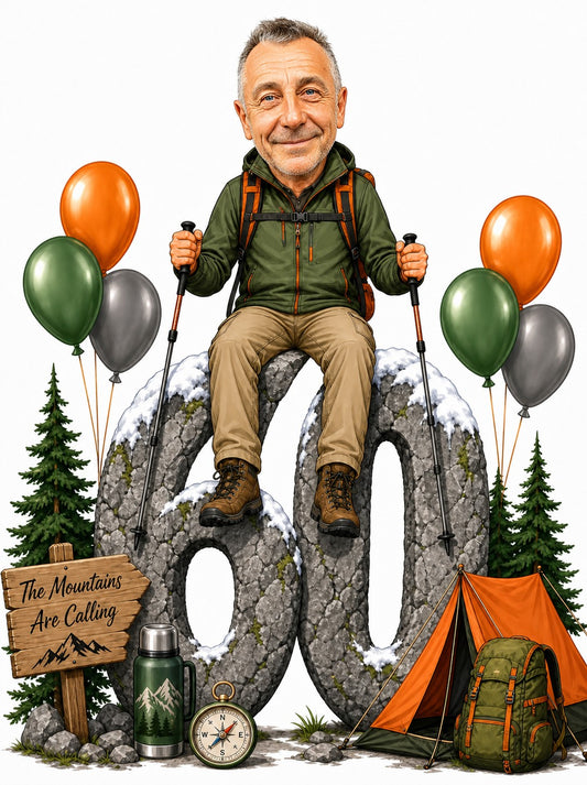 Hiking birthday caricature man on giant rocky 60 with poles, tent, and balloons.