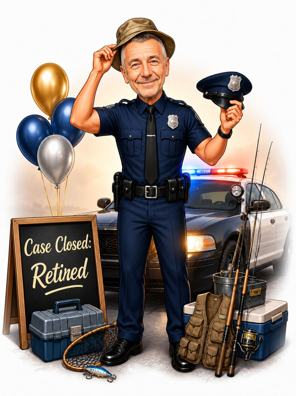 Police officer retirement caricature with cruiser lights, Case Closed sign, and fishing gear