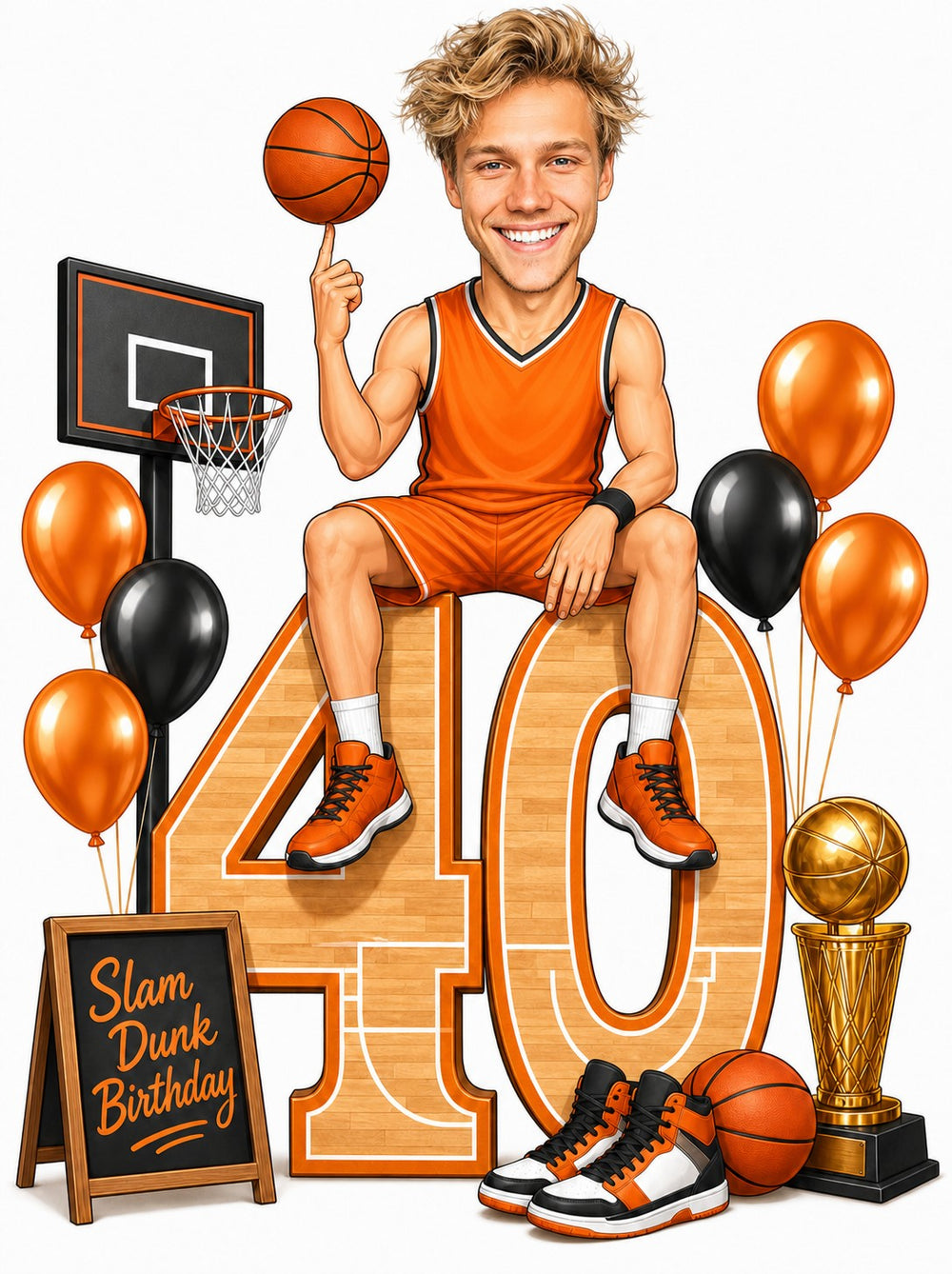 Man in orange jersey sitting on giant 40 with basketball birthday props.
