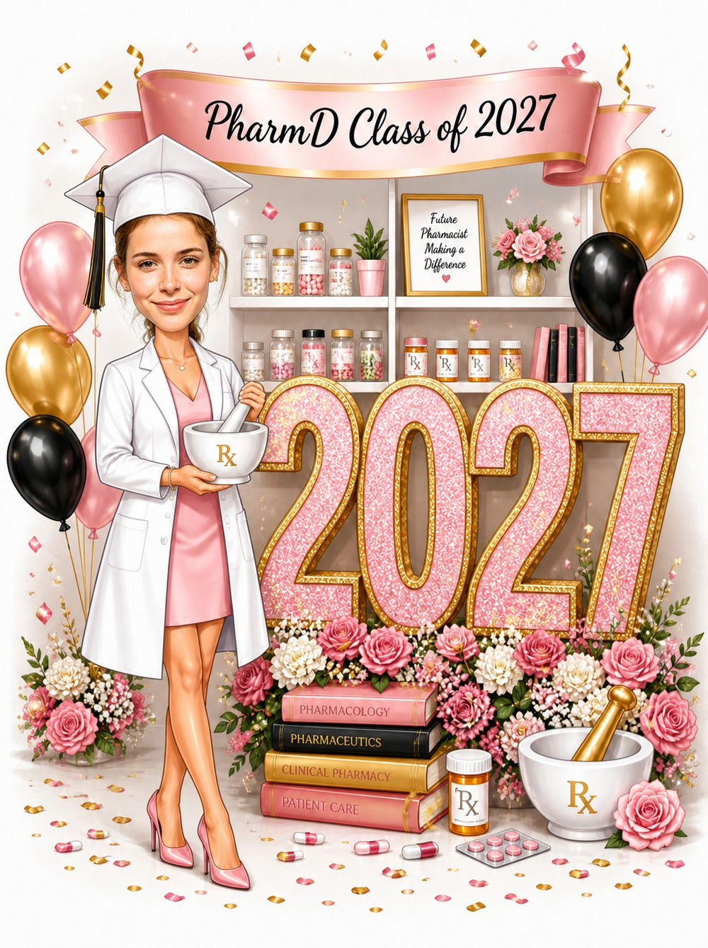 Female pharmacy graduate in white coat with mortarboard, RX mortar, glitter 2027, shelves, balloons and flowers.