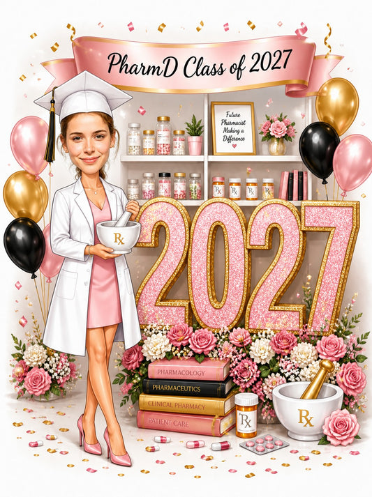 Female pharmacy graduate in white coat with mortarboard, RX mortar, glitter 2027, shelves, balloons and flowers.