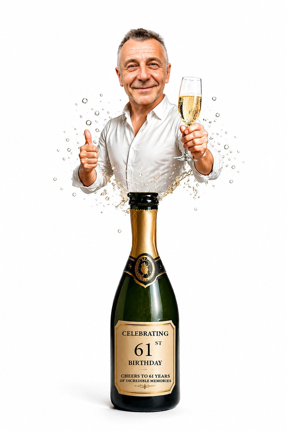 Man bursting from champagne bottle with bubbles, holding flute and thumbs up, age on label