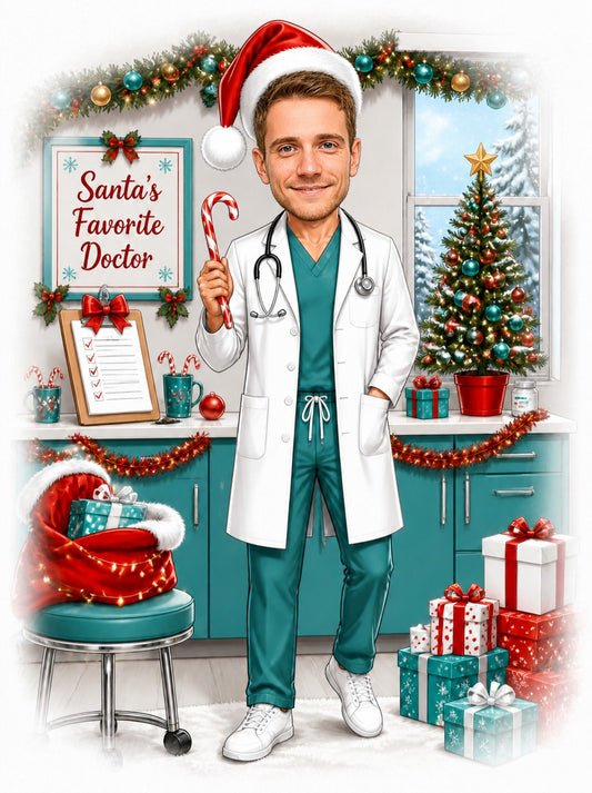 Doctor in scrubs and lab coat, Santa hat, candy cane, tree and gifts