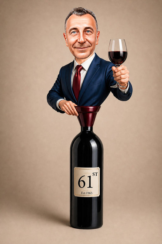 Man in navy suit toasting atop giant wine bottle labeled 61st, Est. 1965.