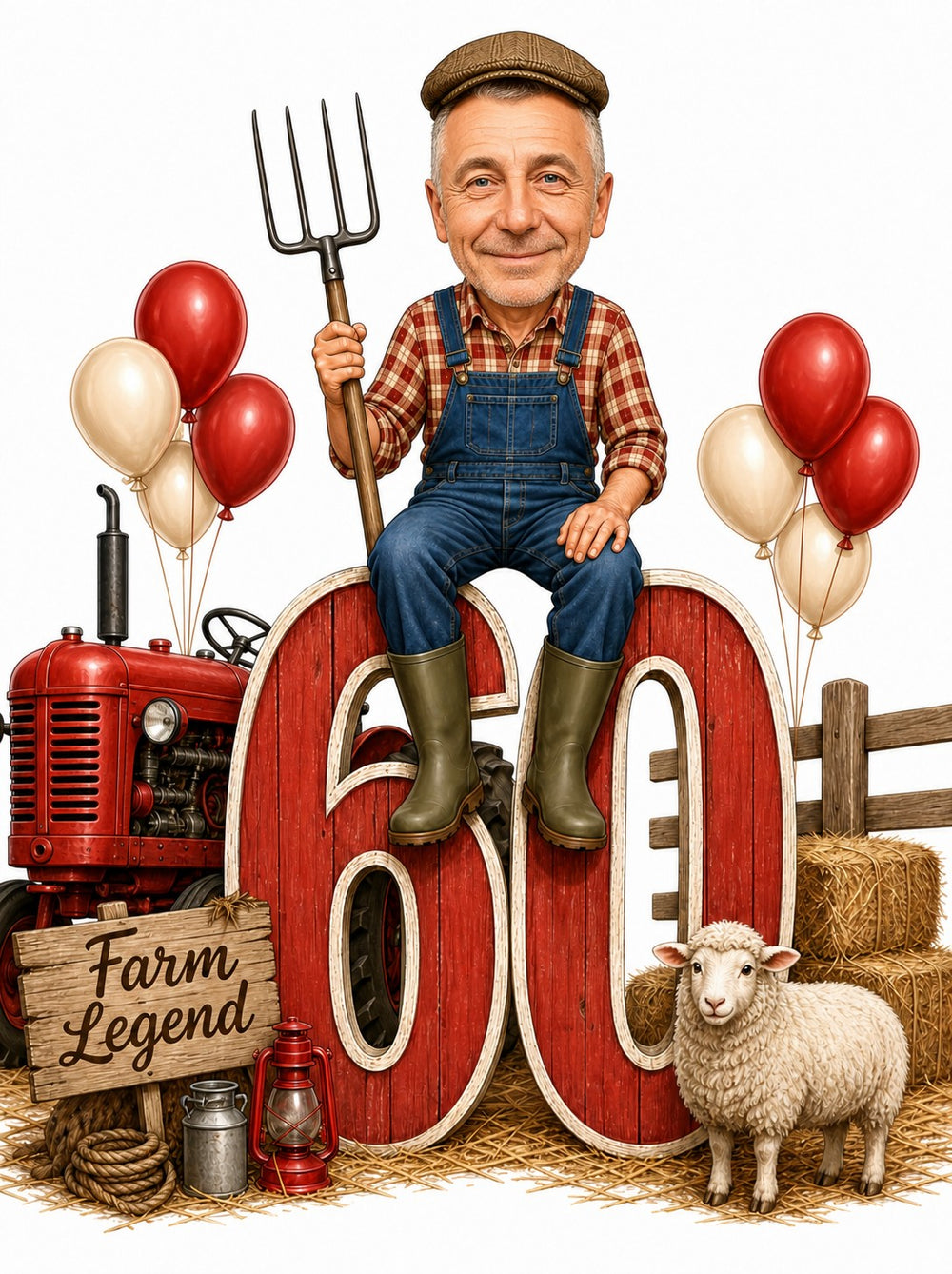 farmer caricature sitting on giant 60 with pitchfork and red tractor