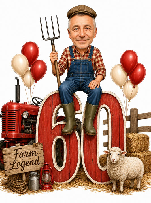 farmer caricature sitting on giant 60 with pitchfork and red tractor