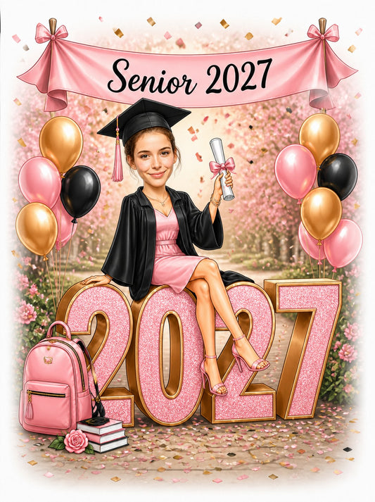 Female graduate on pink glitter 2027 with cap, diploma, balloons, and Senior banner.