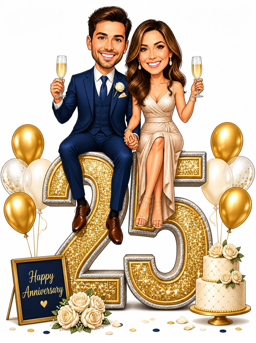 Couple sitting on glittering gold 25, toasting champagne, balloons, cake and roses.