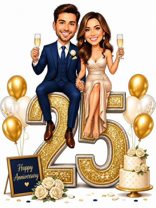 Couple sitting on glittering gold 25, toasting champagne, balloons, cake and roses.