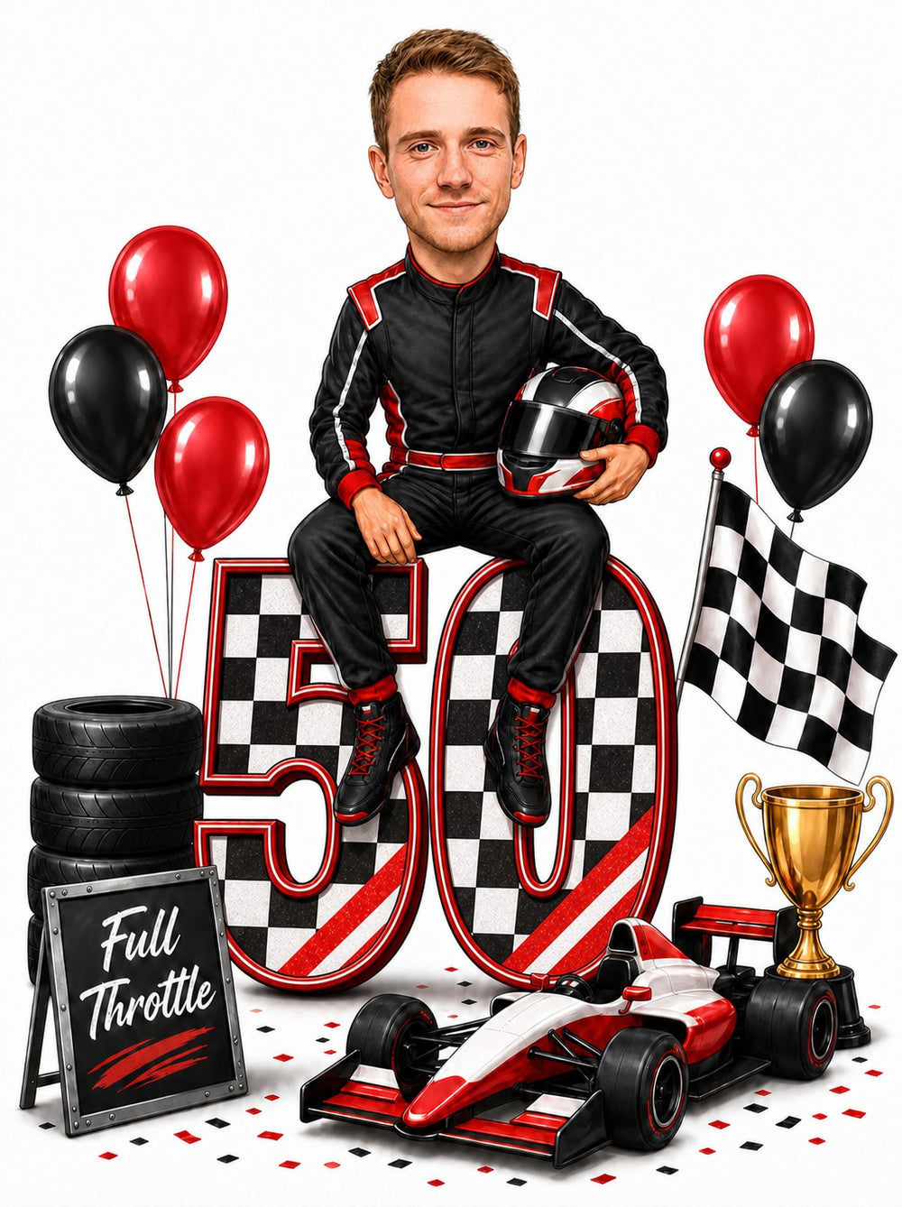 Man in racing suit sitting on giant checkered age number with helmet, red formula car, balloons, trophy and checkered flag.