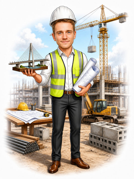 Male civil engineer caricature on construction site holding bridge model and blueprints.