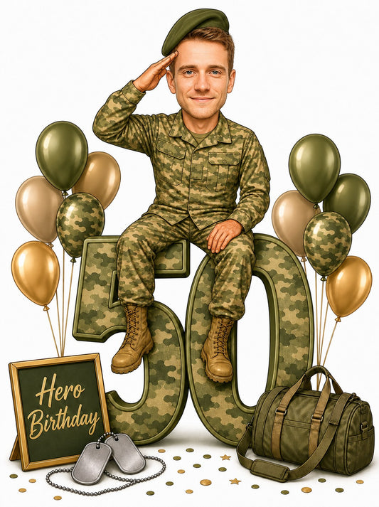 Male soldier saluting, seated on camouflage 50 with balloons, duffel bag, dog tags.