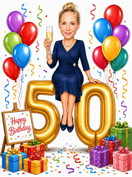 Woman in navy dress sitting on giant gold 50 balloon with champagne