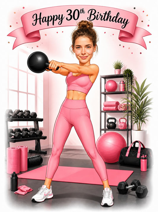 Woman swinging kettlebell in pink gym, Happy 30th Birthday banner overhead.