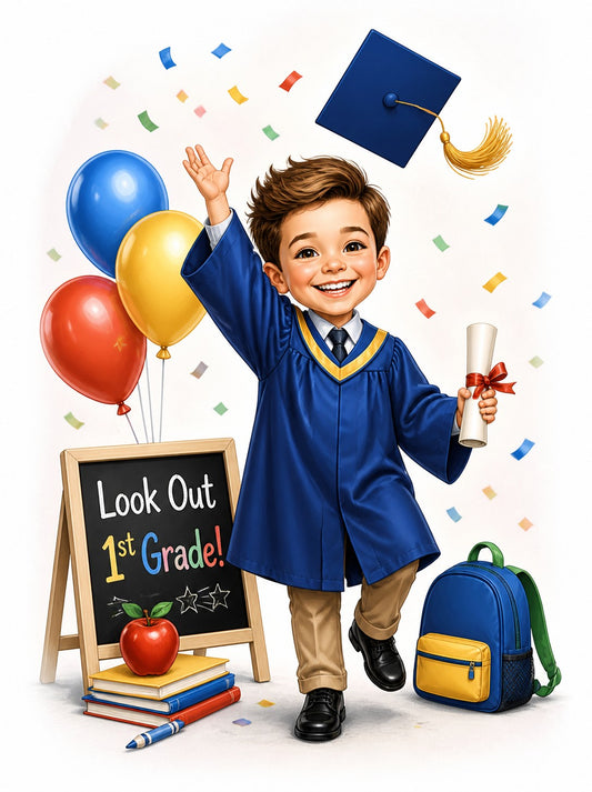 Kindergarten grad in blue gown tossing cap, holding diploma, with Look Out 1st Grade chalkboard.