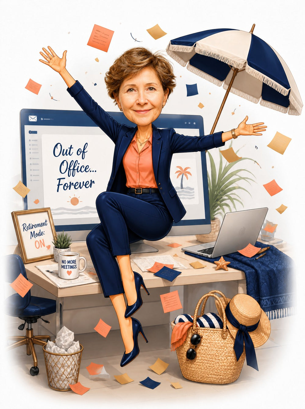 Woman in navy suit on desk, Out of Office screen, beach bag and umbrella