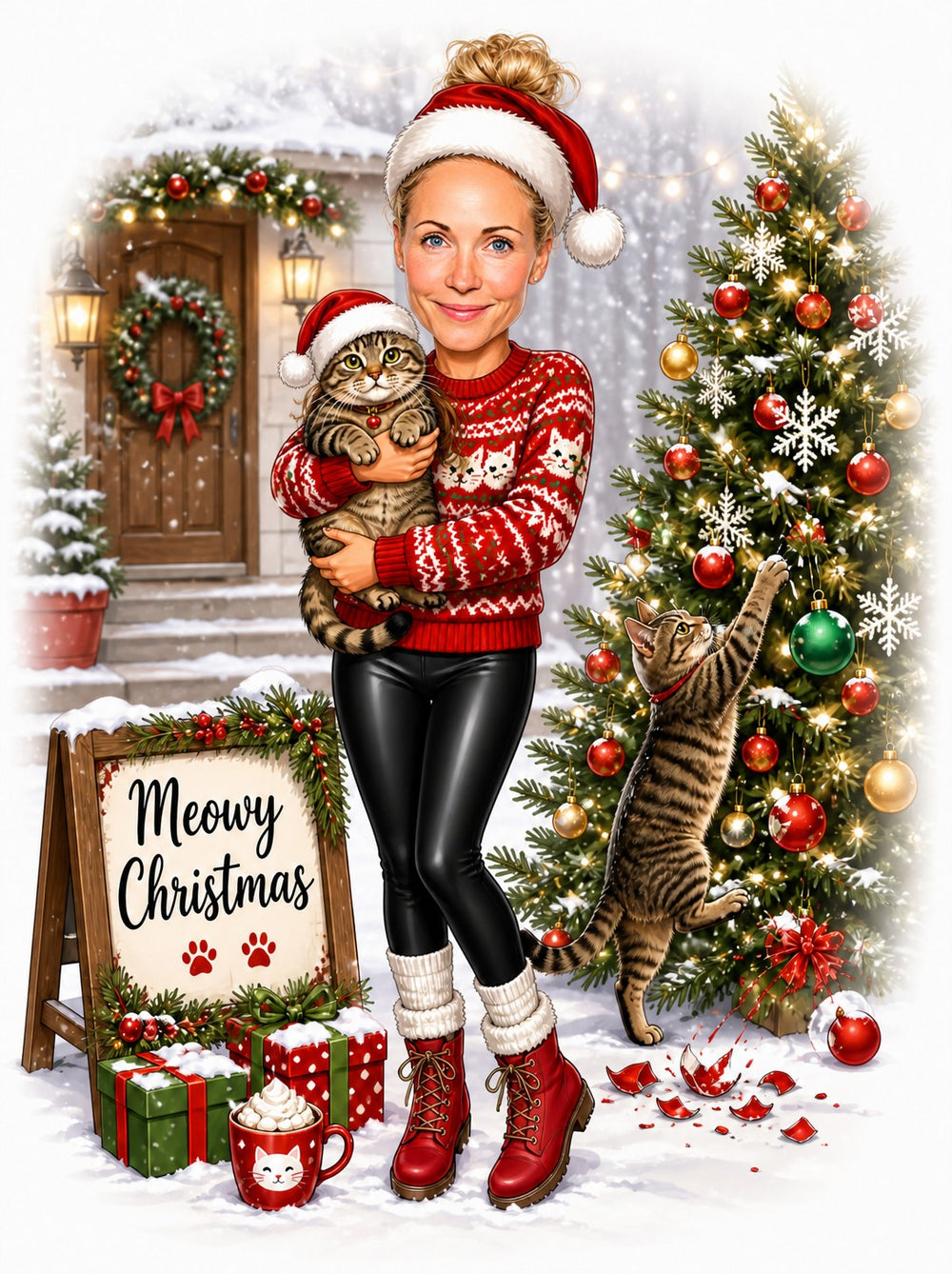 Woman in Santa hat holding cat by Christmas tree and Meowy Christmas sign in snow