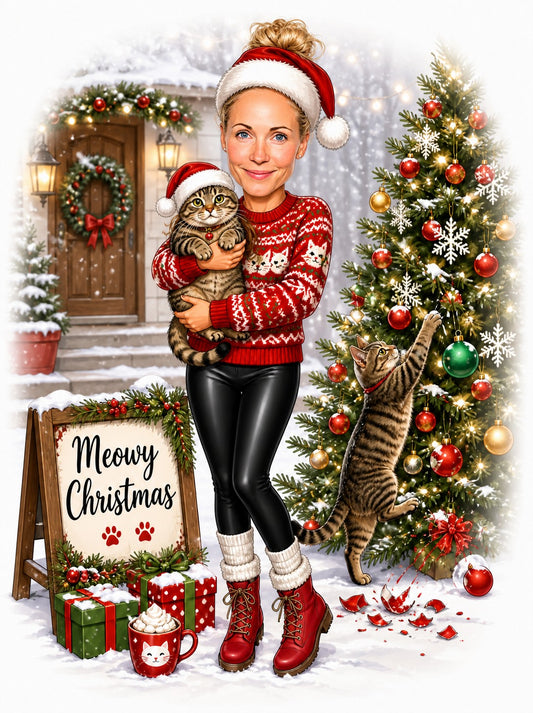 Woman in Santa hat holding cat by Christmas tree and Meowy Christmas sign in snow