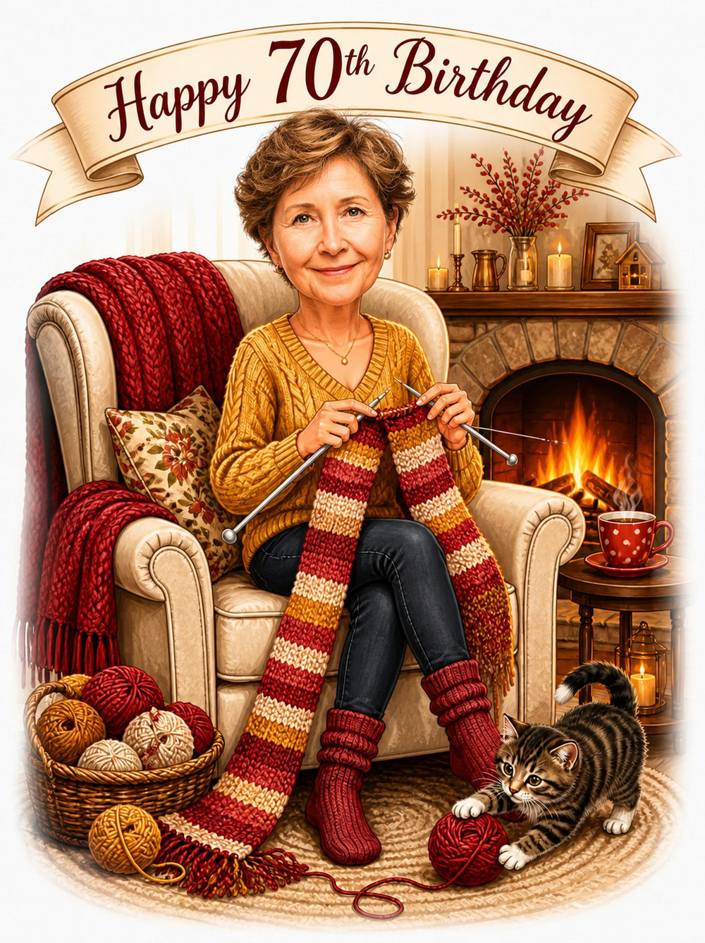 Woman knitting by fireplace with Happy 70th Birthday banner and playful kitten