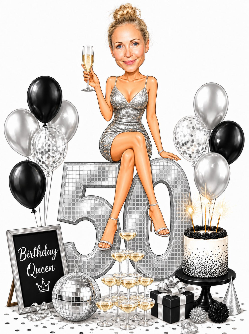 Woman on giant silver 50, champagne flute, balloons, cake, Birthday Queen sign.