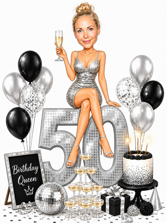 Woman on giant silver 50, champagne flute, balloons, cake, Birthday Queen sign.