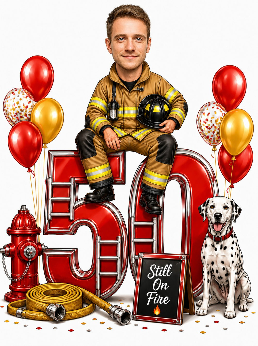 Firefighter caricature man on giant 50 with helmet, hydrant, Dalmatian dog