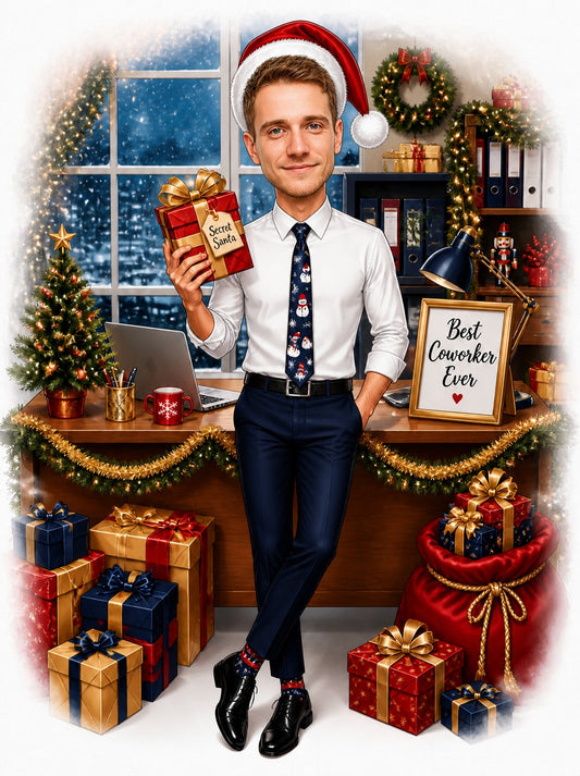 Man in Santa hat holding Secret Santa gift in decorated office with sign