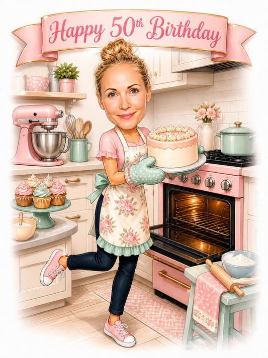 Woman baker in floral apron holding cake by pink oven under Happy 50th Birthday banner.
