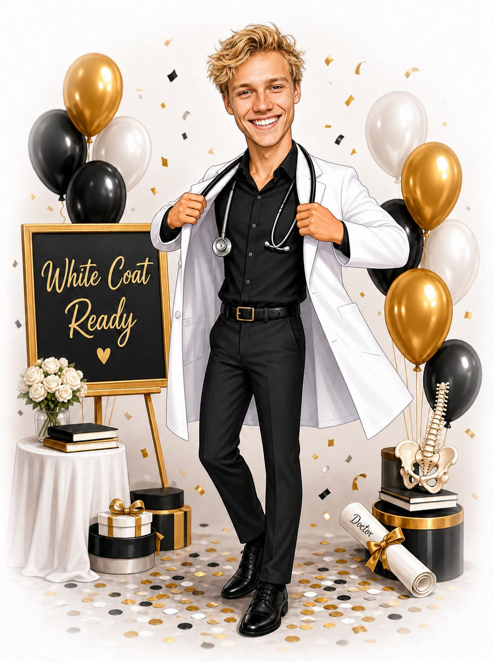 Medical school graduation caricature with white coat, stethoscope, and White Coat Ready sign.