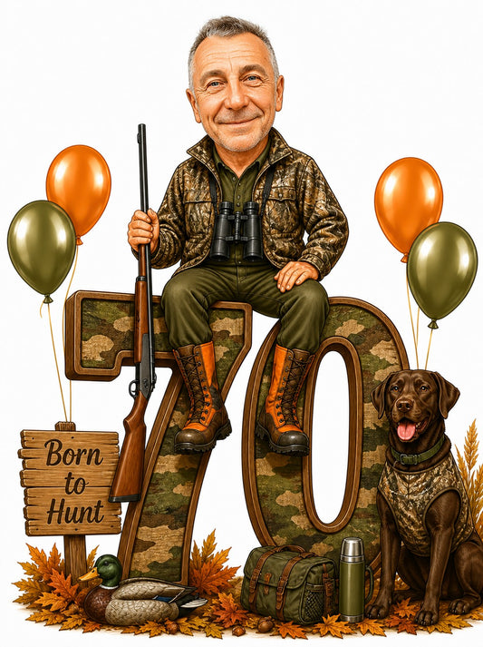 Hunter seated on camo 70 with shotgun, binoculars, dog, balloons, and Born to Hunt sign.