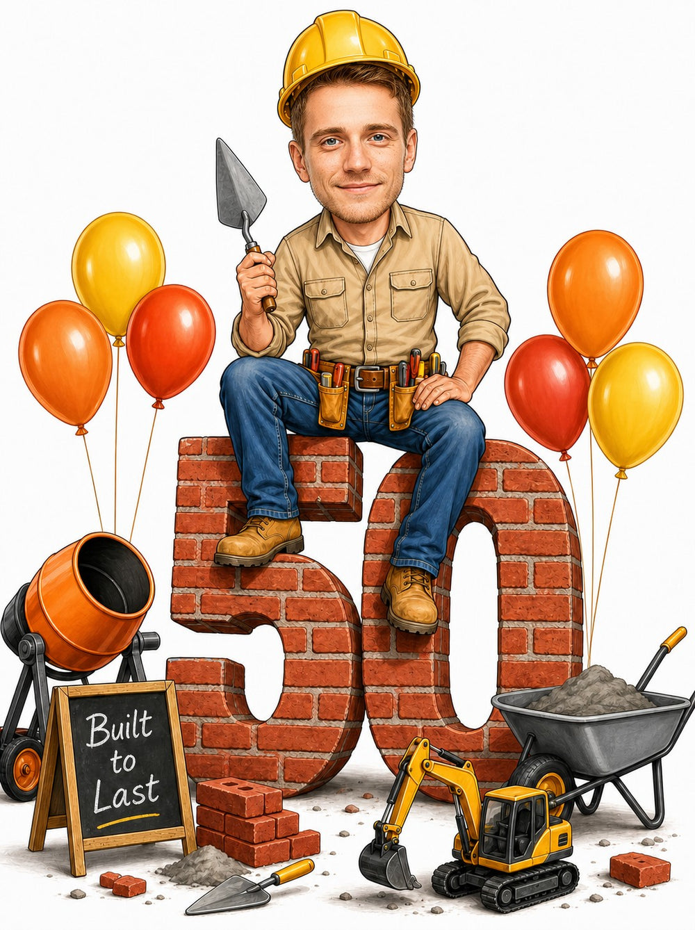 Bricklayer caricature man on giant brick age number with trowel, balloons, cement mixer.