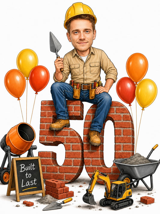 Bricklayer caricature man on giant brick age number with trowel, balloons, cement mixer.