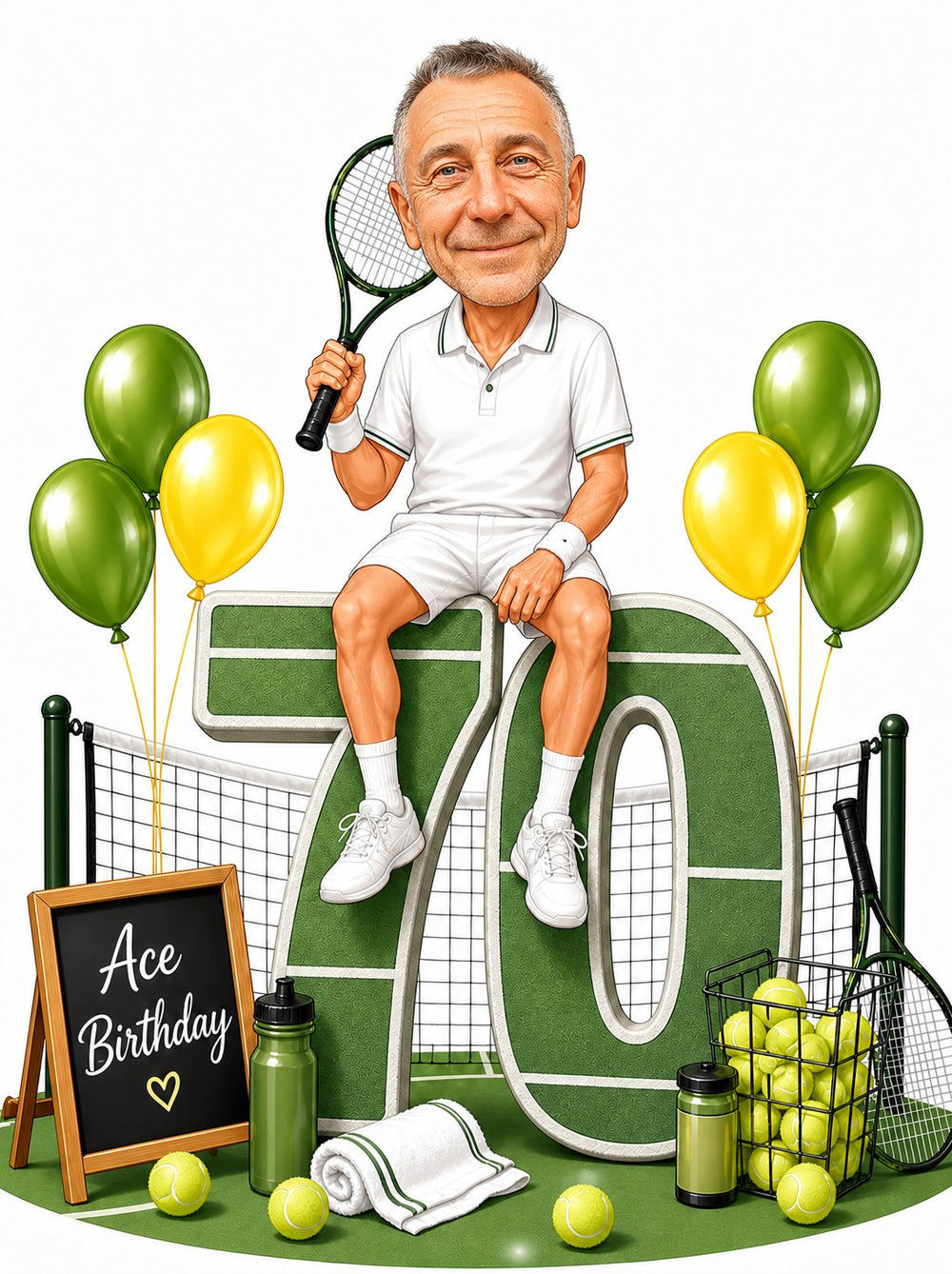 Man in white tennis kit on giant 70, racket, net, green balloons, basket of balls, sign.
