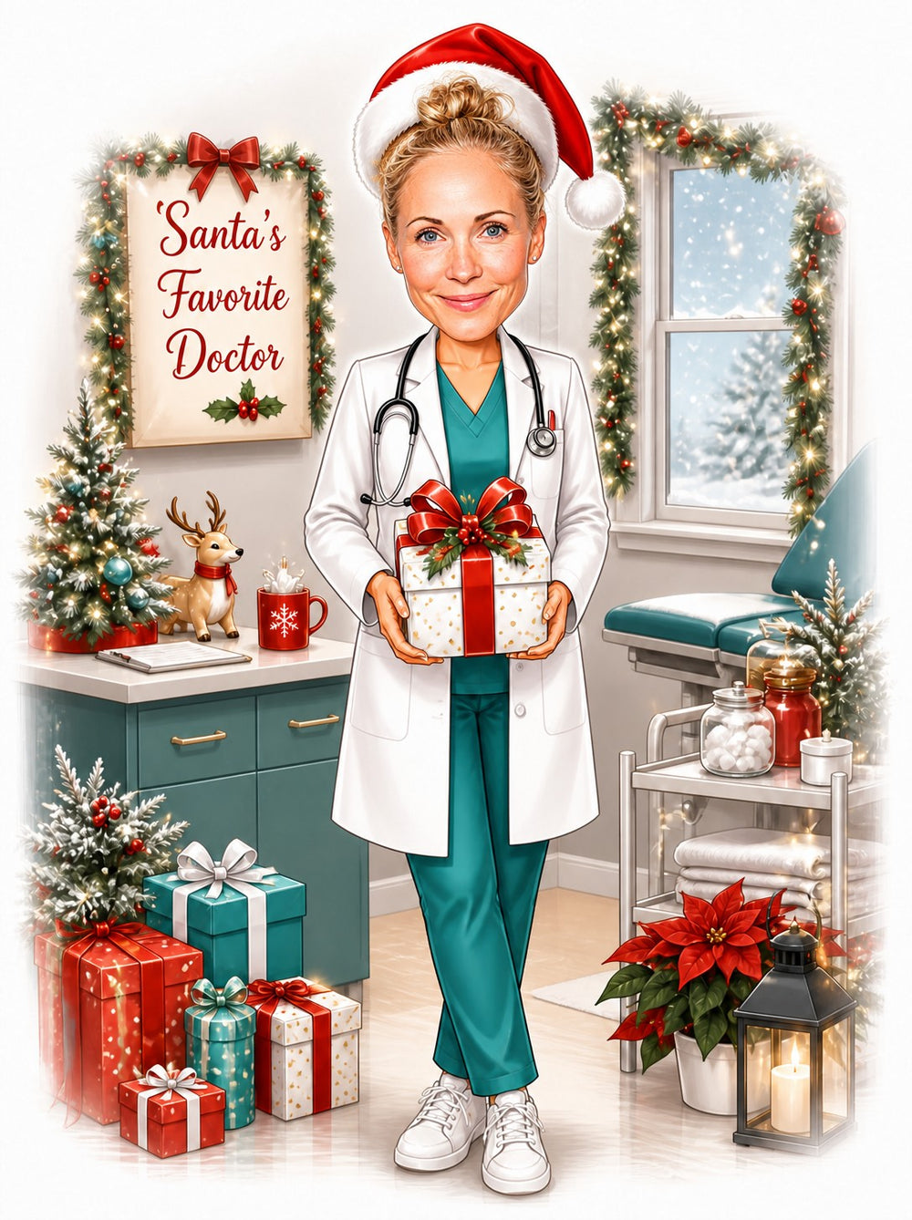 Female doctor in Santa hat with stethoscope holding gift in a decorated clinic.