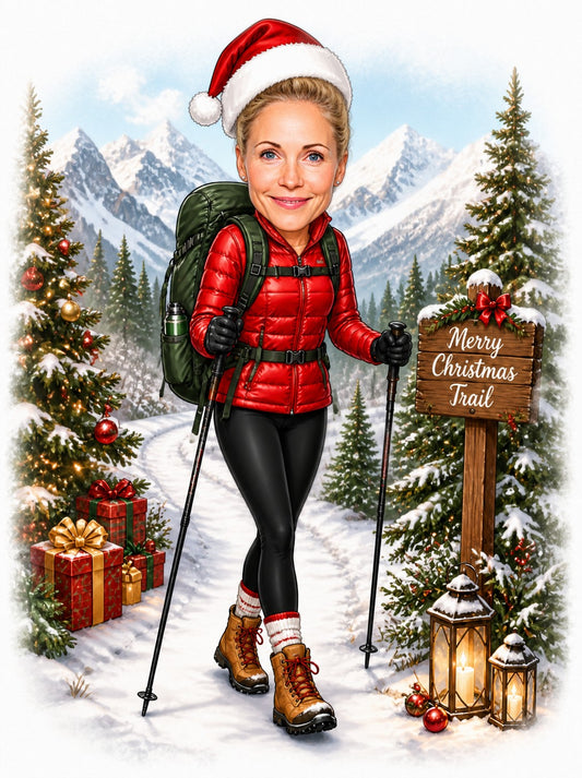 Woman hiker in Santa hat on snowy trail, Merry Christmas Trail sign
