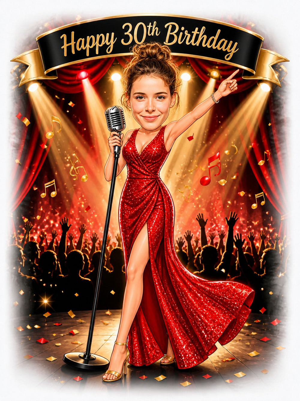 Female singer caricature in red sequin gown, vintage mic, spotlight stage and Happy 30th Birthday banner.