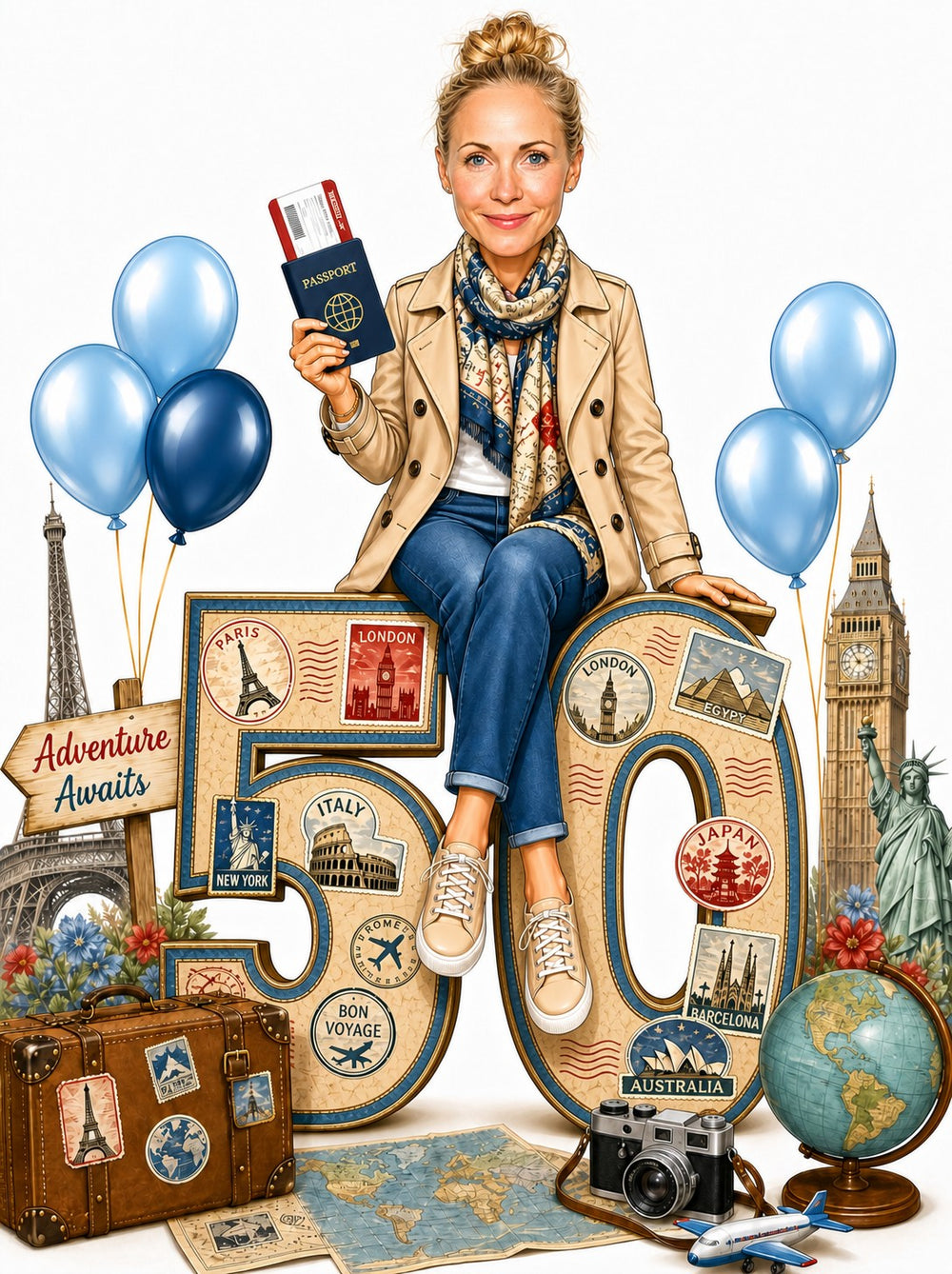 Woman on giant 50 with passport, travel stickers, balloons and Adventure Awaits sign