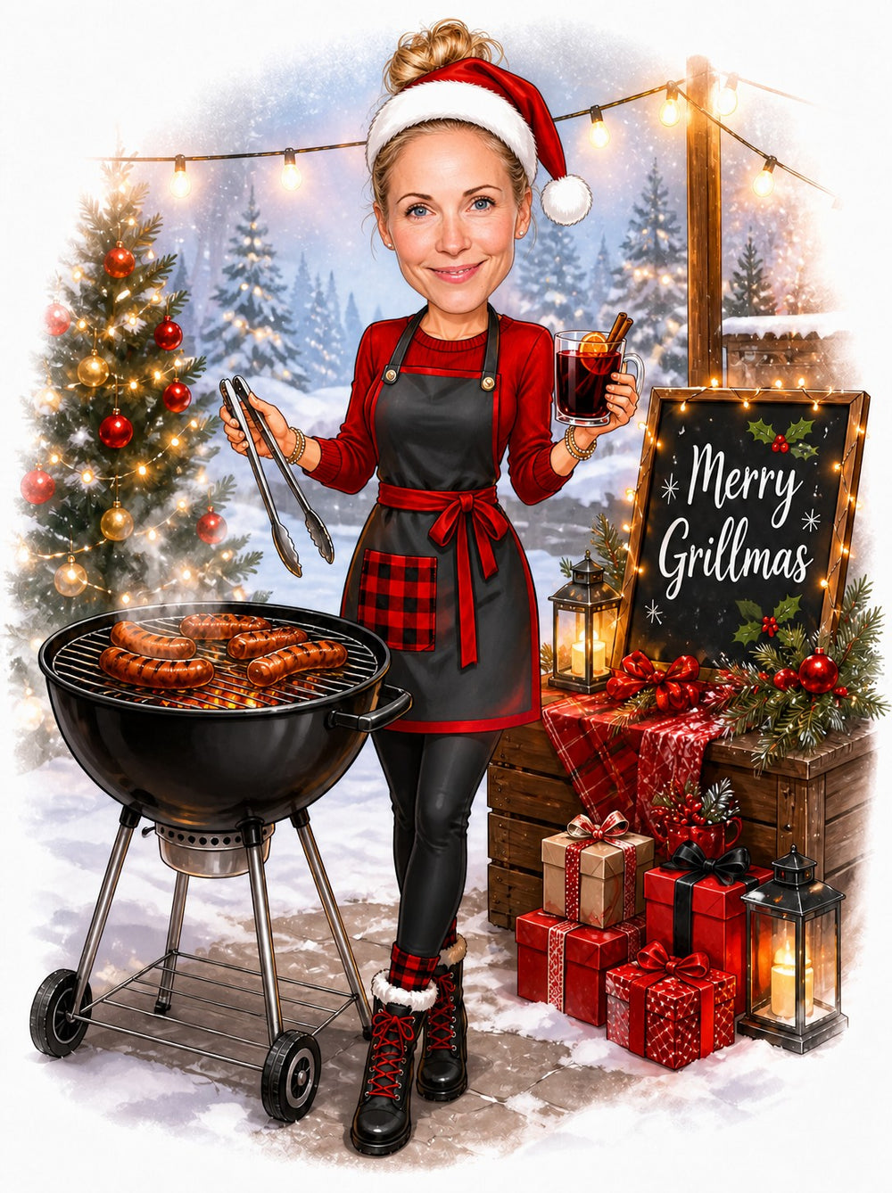 Woman in Santa hat grilling sausages beside Merry Grillmas sign, festive BBQ scene.