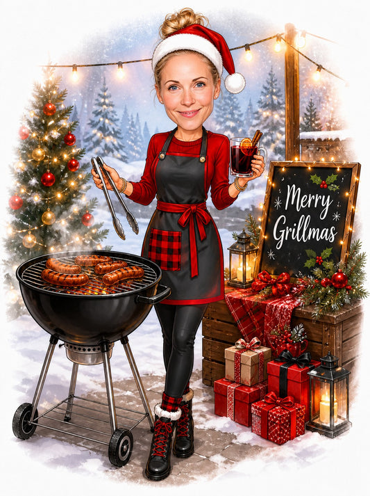 Woman in Santa hat grilling sausages beside Merry Grillmas sign, festive BBQ scene.