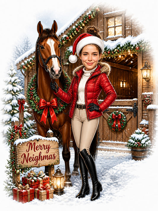 Woman rider in Santa hat with horse by wreathed barn, Merry Neighmas sign, snow.