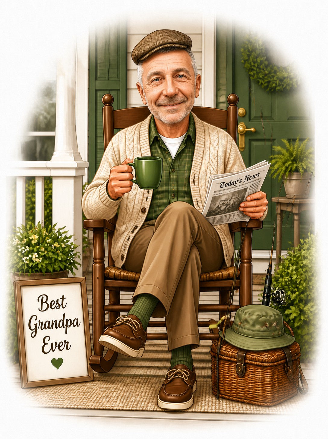 Grandpa on porch rocking chair with green mug, newspaper, and Best Grandpa Ever sign